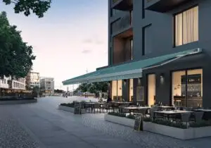 Markisen Korbmarkise an einer Restaurantfront am Abend